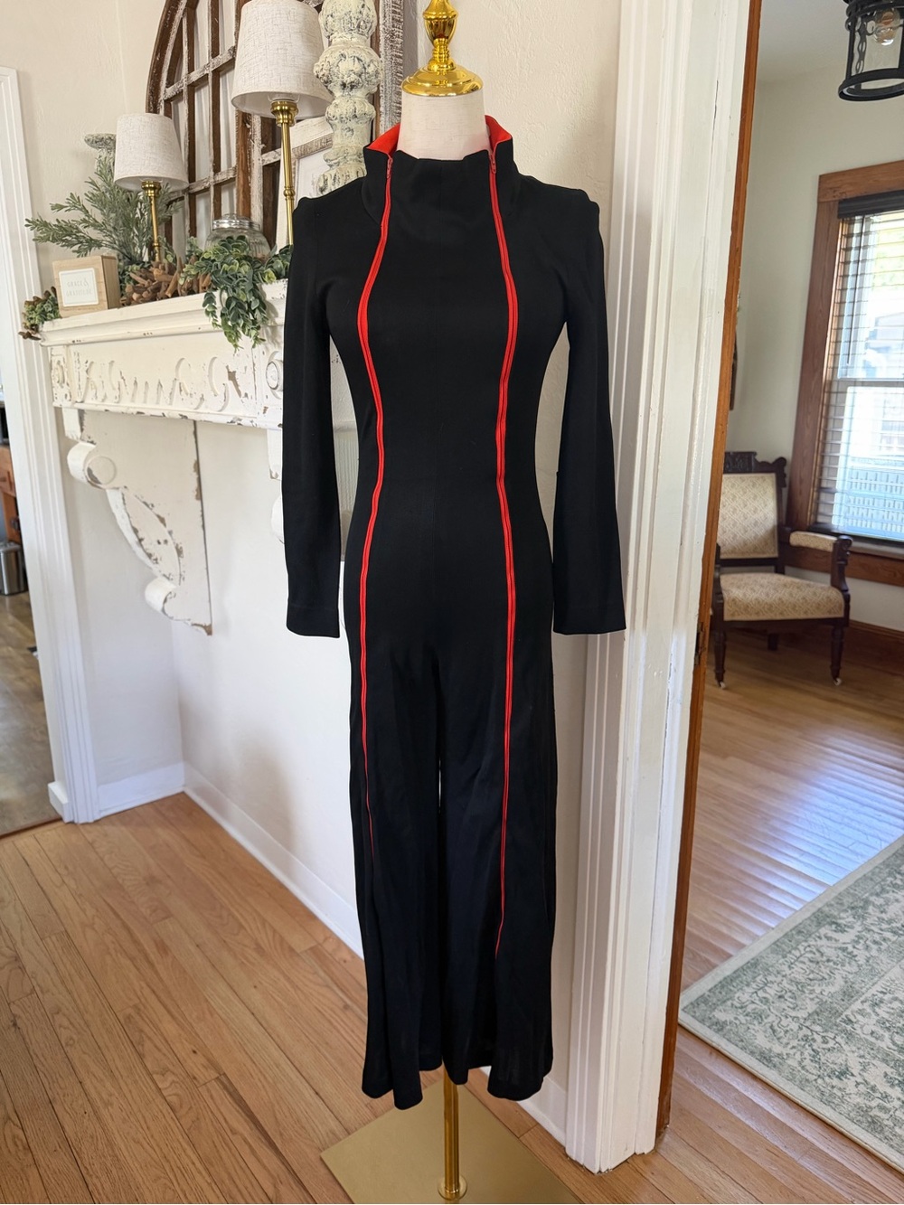 Vintage Black Jumpsuit with Red Zippers - Women's Long Sleeve Jumpsuit